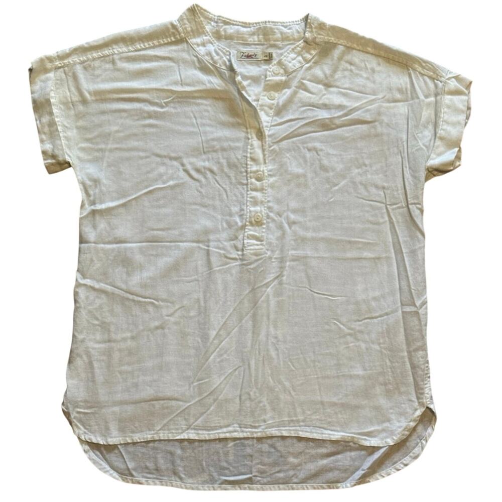 Faherty Women White Linen Popover Blouse Band Collar Henley Short Sleeve XS